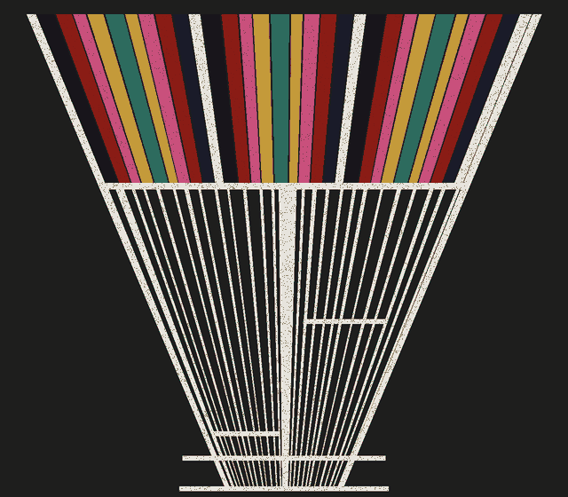 The stripe funnel from the Toro Blanco album cover, its coloured stripes sliding slowly sideways.