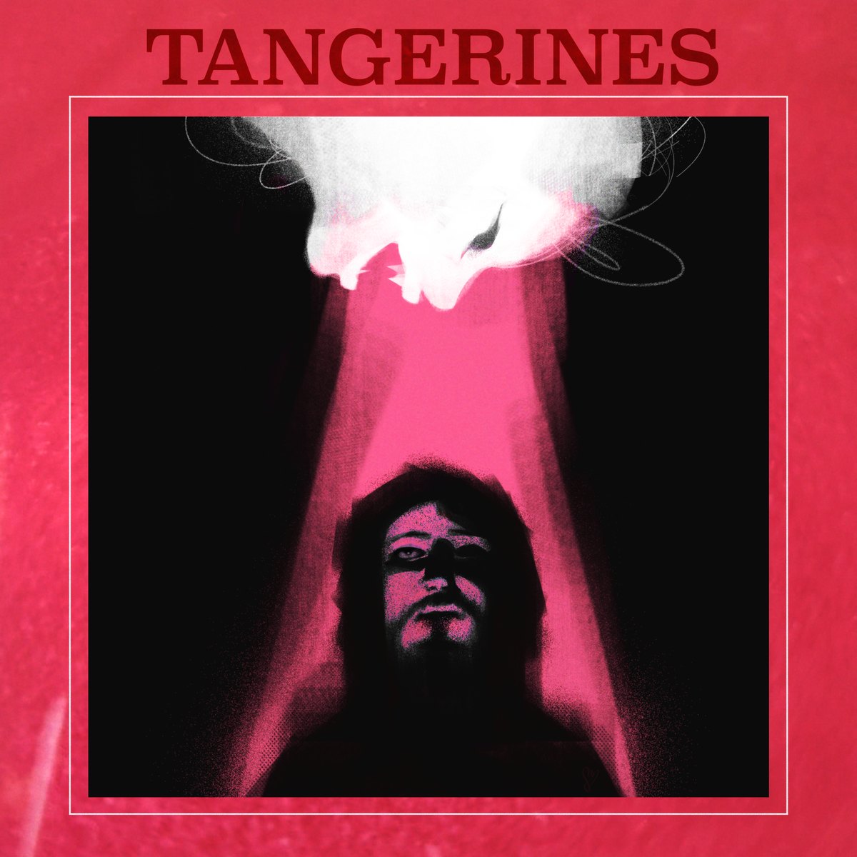 The Tangerines cover: a white cloud shines a pink beam down onto a face in the dark, framed in red under the title.