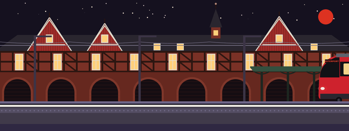 A red S-train with grey doors pulls into Østerport station at night, past the half-timbered 1897 station building, waits with Albotoro, Santafemme and Rå Ynde lettered on three coaches, and leaves to the left. Then a grey regional train with red doors comes in from the left, stops and leaves to the right.